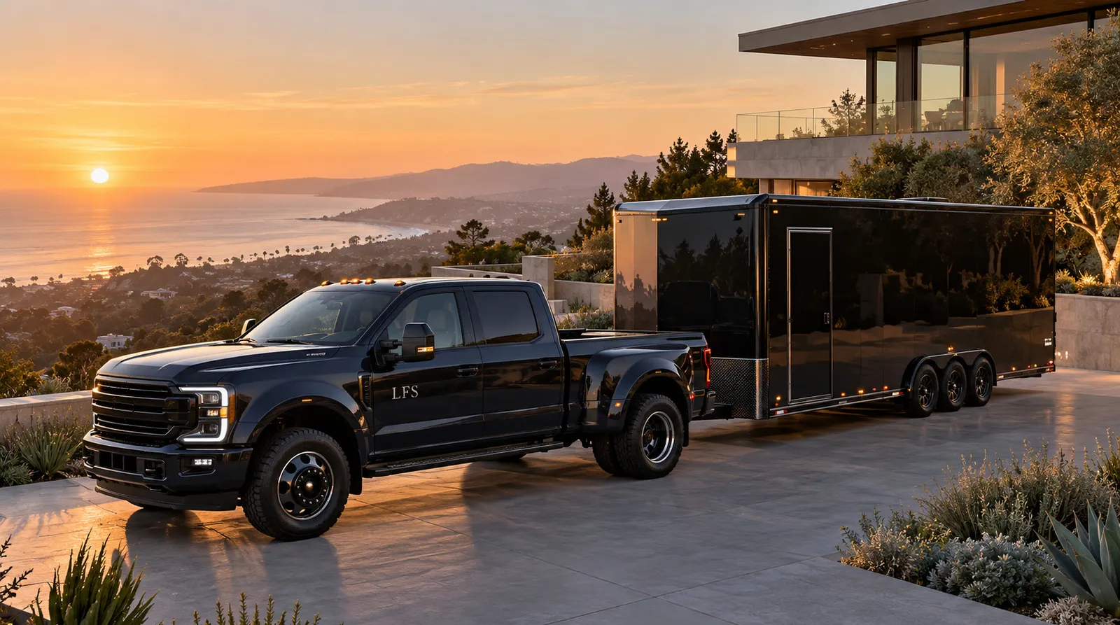 White-glove transport at a California home LFS F-450 and enclosed car trailer at a California hillside home in golden hour