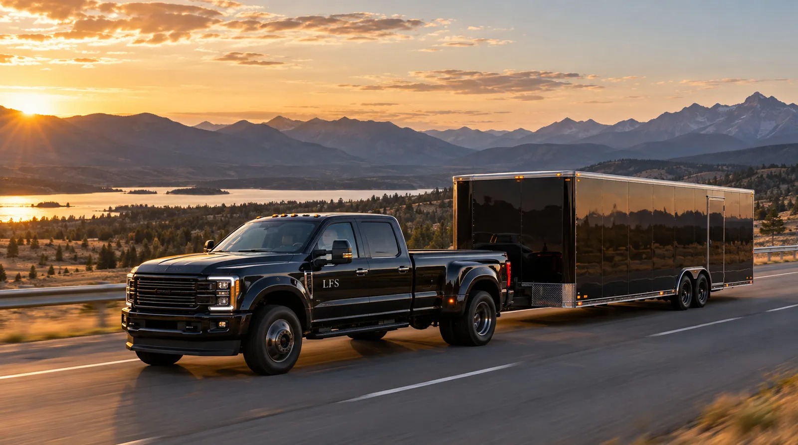 White-glove transport across the lower 48 LFS F-450 and enclosed car trailer on a U.S. interstate at golden hour