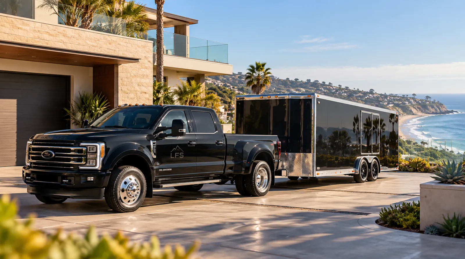 Enclosed car trailer at a San Diego home LFS F-450 and enclosed car trailer in the driveway of a coastal San Diego home