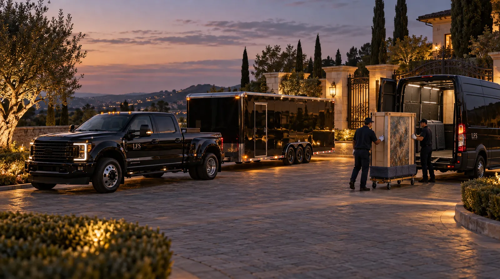 LFS white-glove arrival at a private estate Dark F-450 with an LFS door logo and enclosed car trailer outside a gated estate at dusk