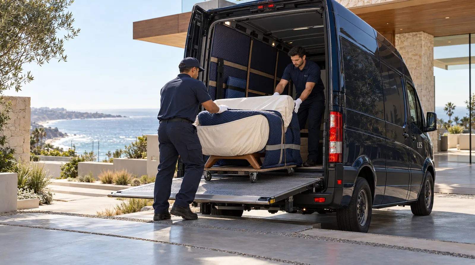 Loading a cargo van at a Malibu beach house Crew loading high-value furniture into a dark cargo van at a Malibu beach house