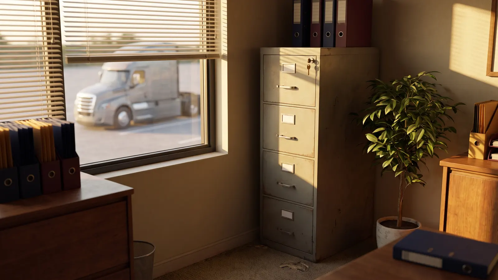 Privacy policy Locked metal file cabinet with a key in the lock in the corner of a tidy trucking office
