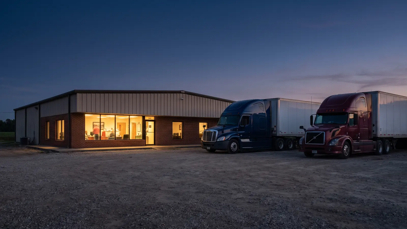 About Logistical Forwarding Solutions Logistics operations office at dusk with semi tractors parked outside