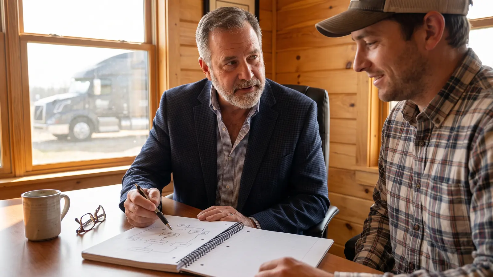 Logistics business coaching Logistics business coach working through a business plan with a trucking company owner