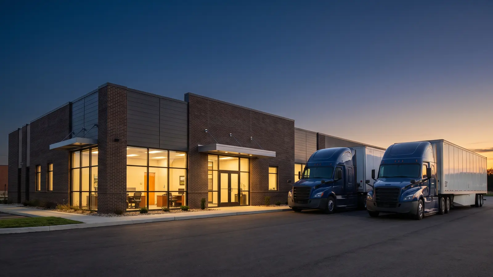 About Logistical Forwarding Solutions Logistics operations office at dusk with semi tractors parked outside