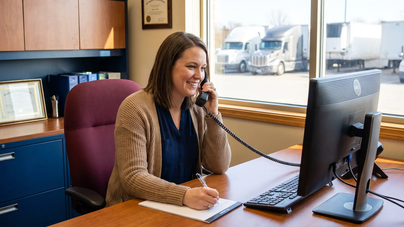 Logistics office coordinator answering a desk phone and taking a note