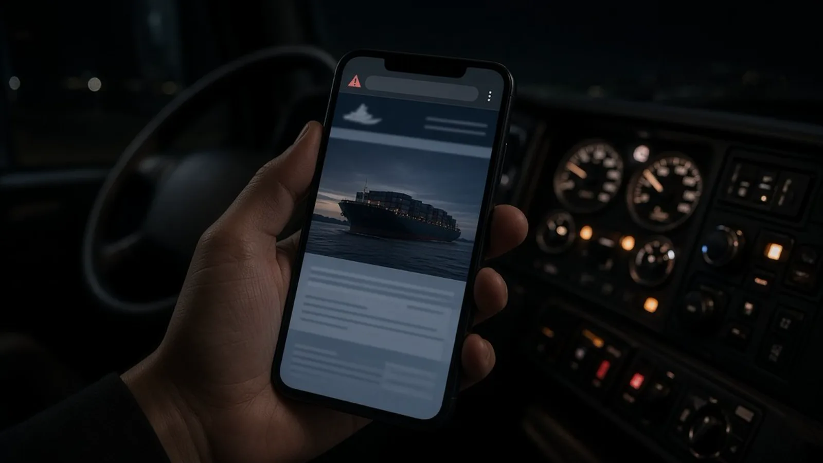 Look-alike fake shipper website on a phone in the cab Phone in a truck cab showing a look-alike fake shipper website with a red warning on the address bar