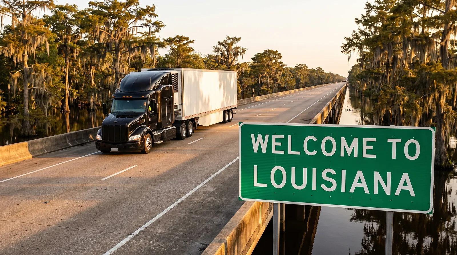 Semi truck transport in Louisiana Semi truck passing the Welcome to Louisiana sign, semi truck transport in Louisiana