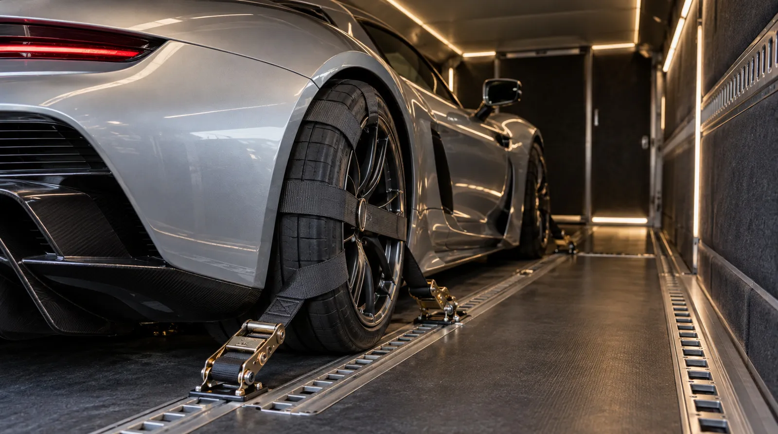 Soft wheel straps inside an enclosed trailer Luxury sports car secured with soft wheel nets and straps inside an enclosed trailer