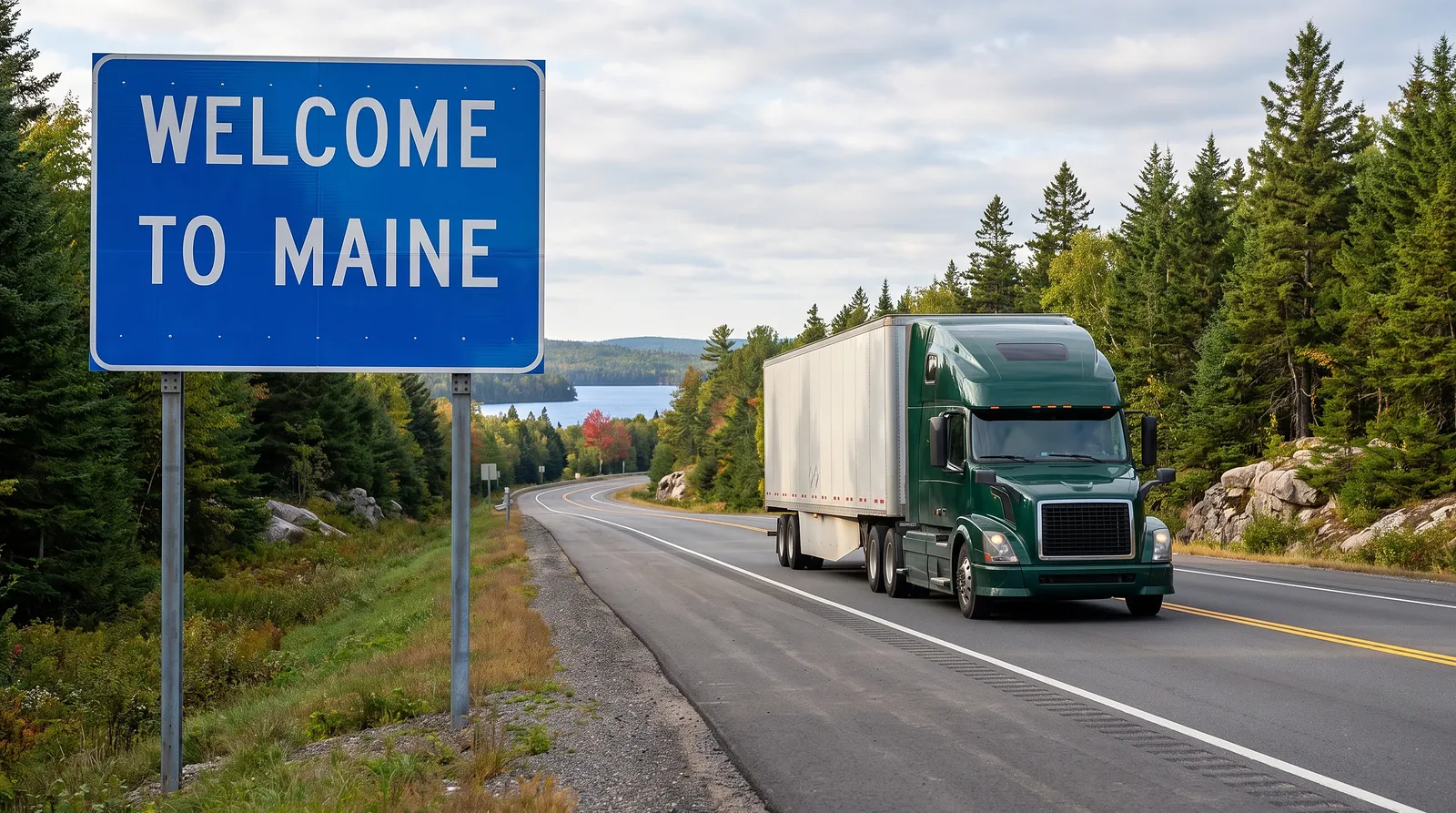CDL-A truck driver jobs in Maine Semi truck with a 53-foot trailer passing the Welcome to Maine sign on the highway