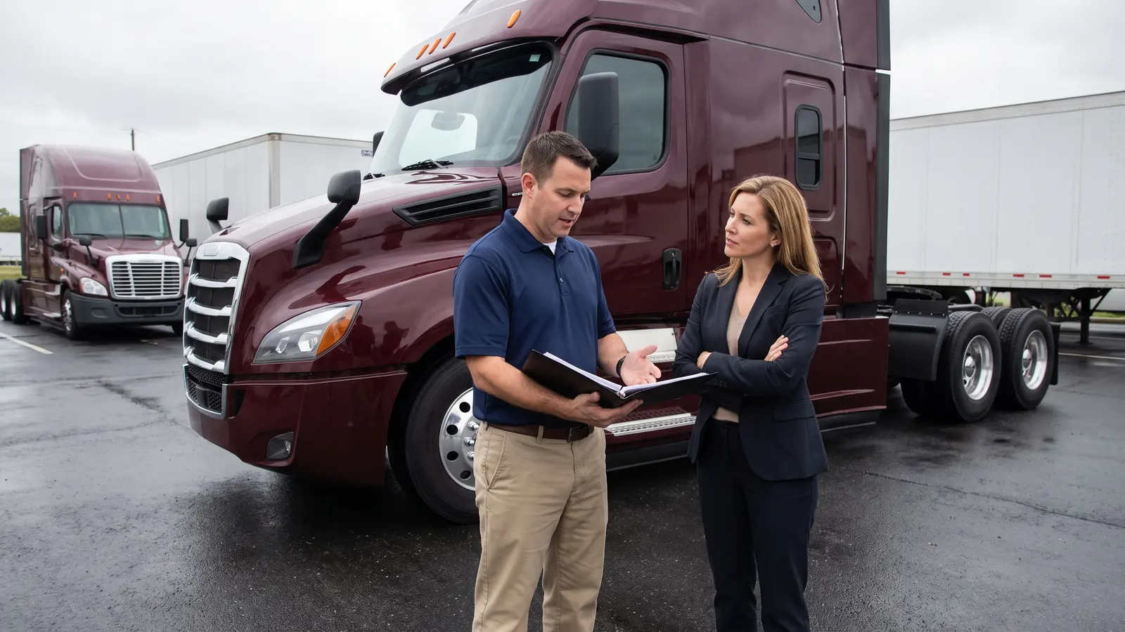 Managed truck ownership with LFS Fleet manager walking a truck owner through a maintenance binder beside a new semi tractor