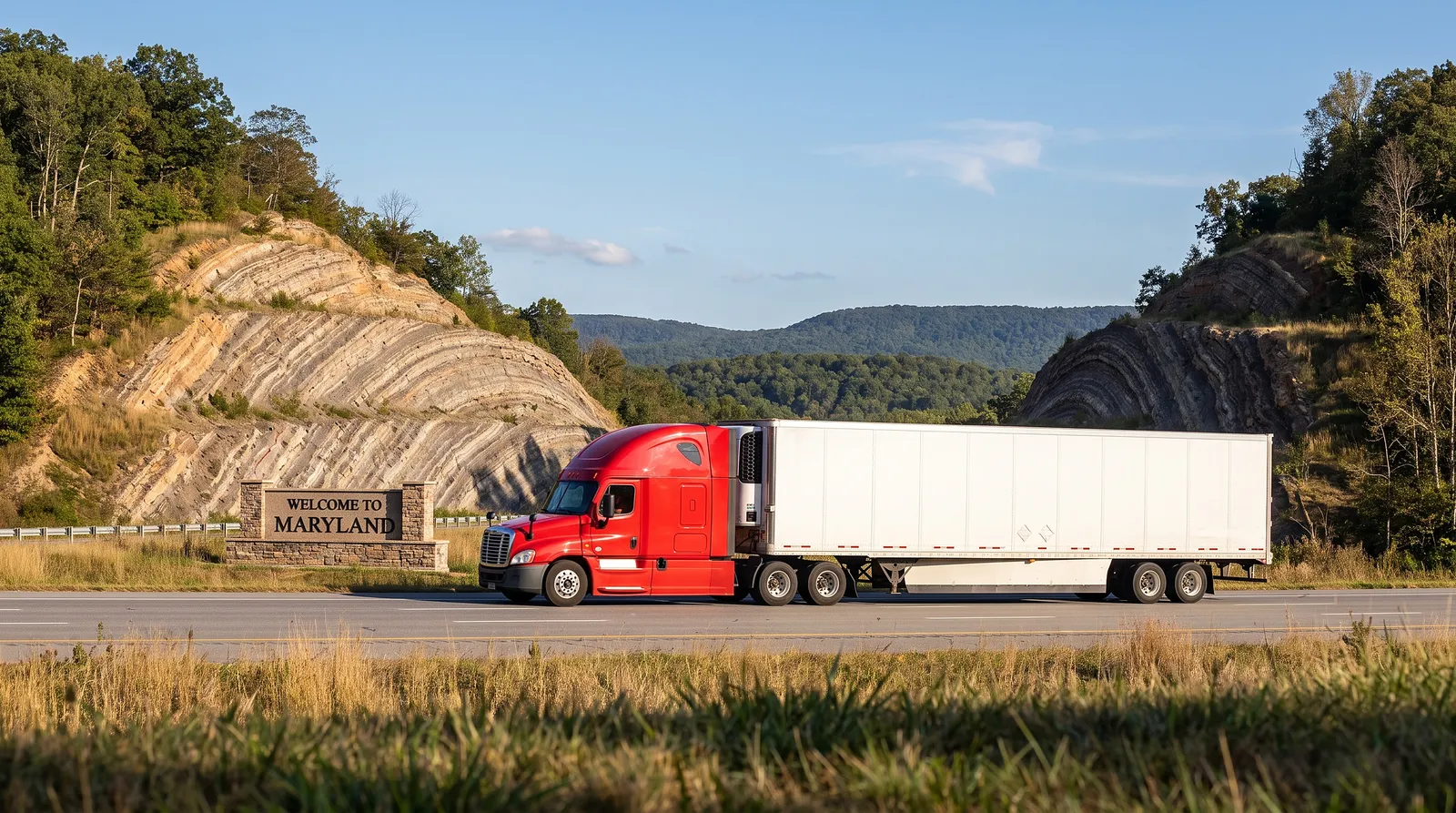 CDL-A truck driver jobs in Maryland Semi truck with a 53-foot trailer passing the Welcome to Maryland sign on the highway