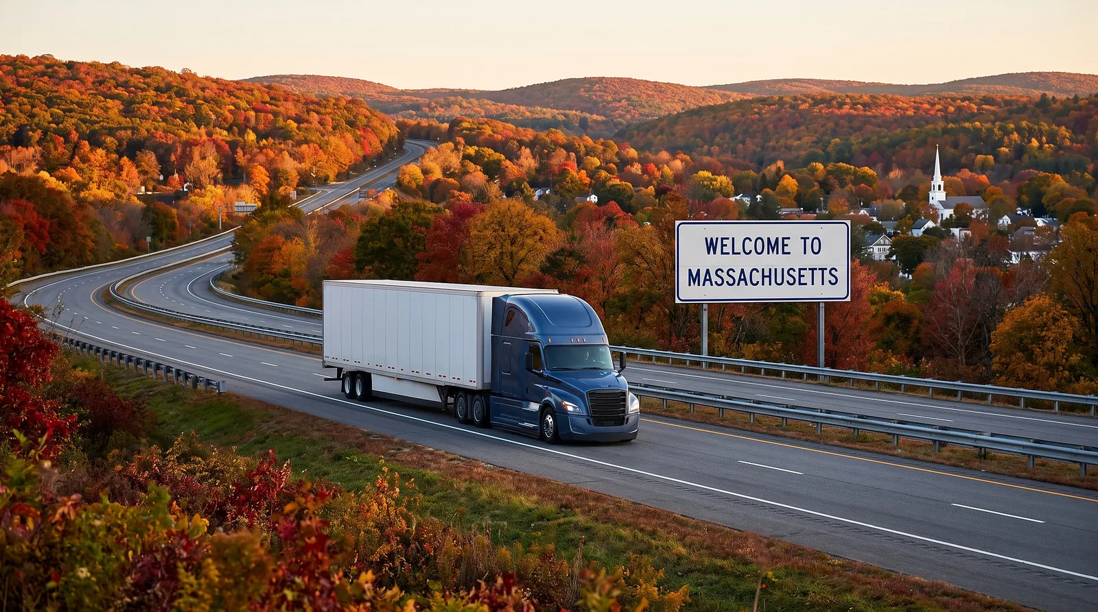 Semi truck with a 53-foot trailer passing the Welcome to Massachusetts sign on the highway