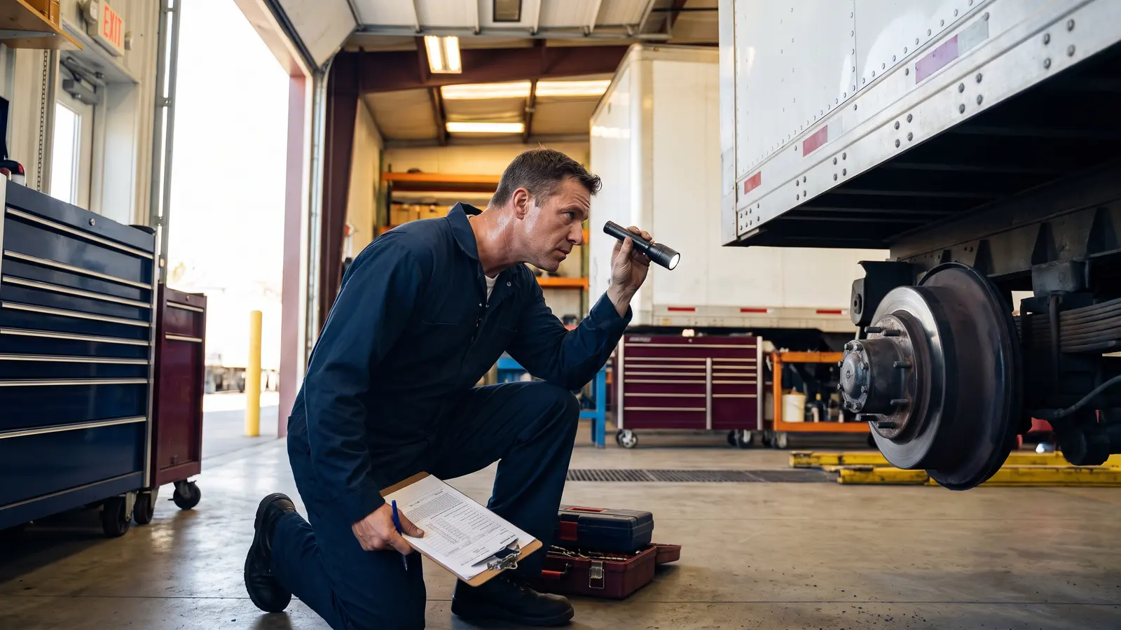 Mechanic inspecting the brakes on a 53-foot trailer during an annual inspection