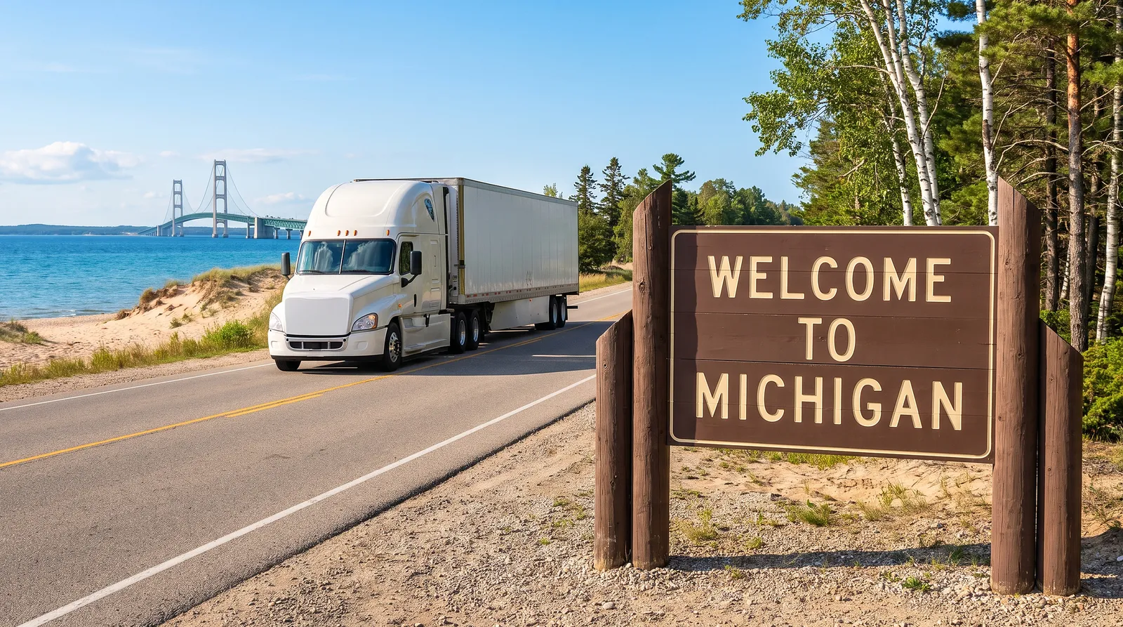 CDL-A truck driver jobs in Michigan Semi truck with a 53-foot trailer passing the Welcome to Michigan sign on the highway