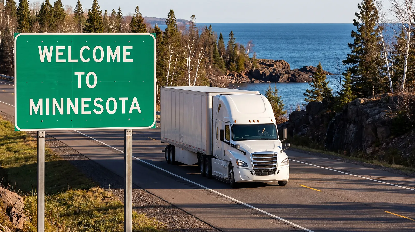 Semi truck passing the Welcome to Minnesota sign, semi truck transport in Minnesota