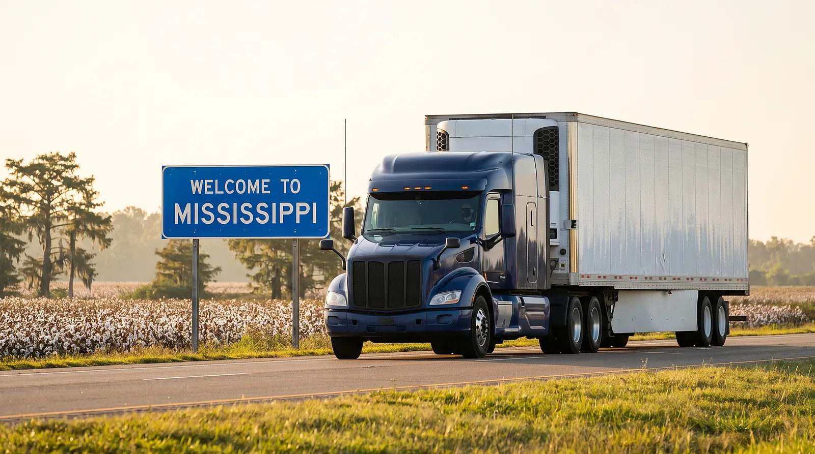 CDL-A truck driver jobs in Mississippi Semi truck with a 53-foot trailer passing the Welcome to Mississippi sign on the highway