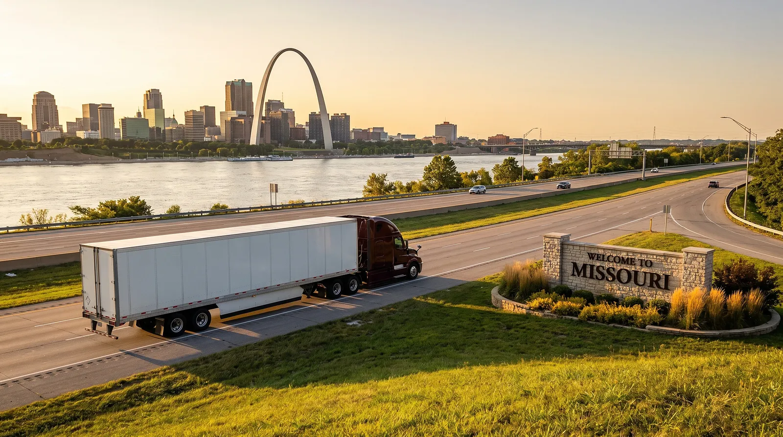 Semi truck transport in Missouri Semi truck passing the Welcome to Missouri sign, semi truck transport in Missouri