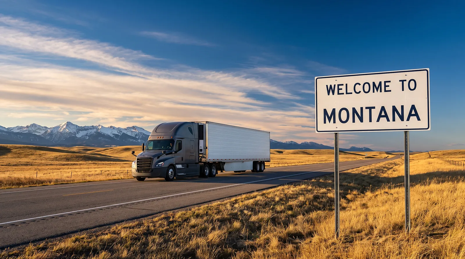 CDL-A truck driver jobs in Montana Semi truck with a 53-foot trailer passing the Welcome to Montana sign on the highway