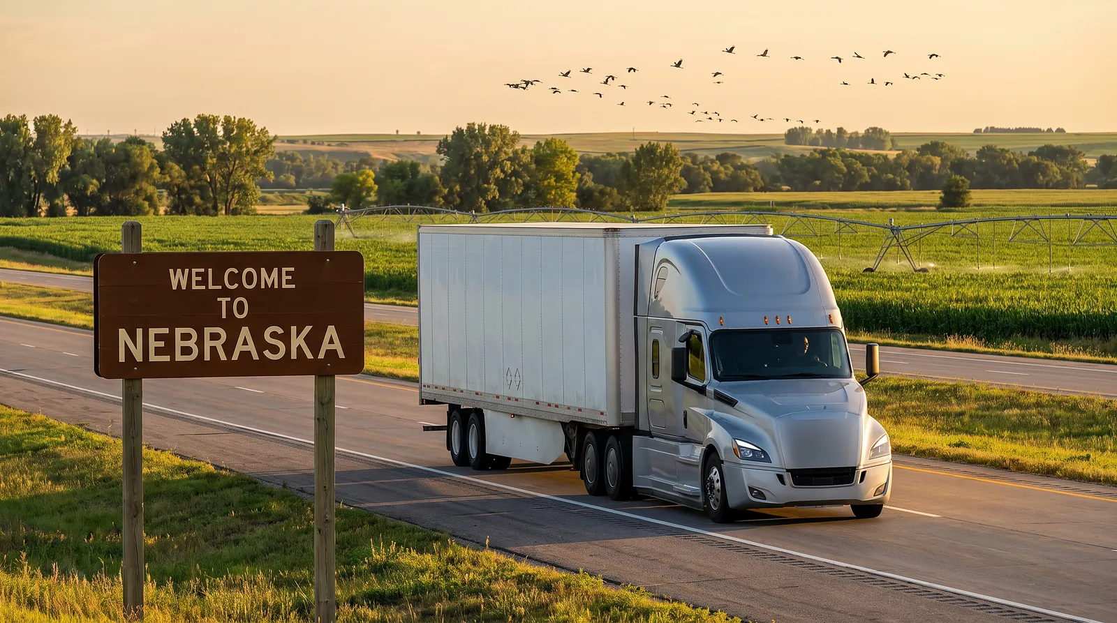 Semi truck transport in Nebraska Semi truck passing the Welcome to Nebraska sign, semi truck transport in Nebraska