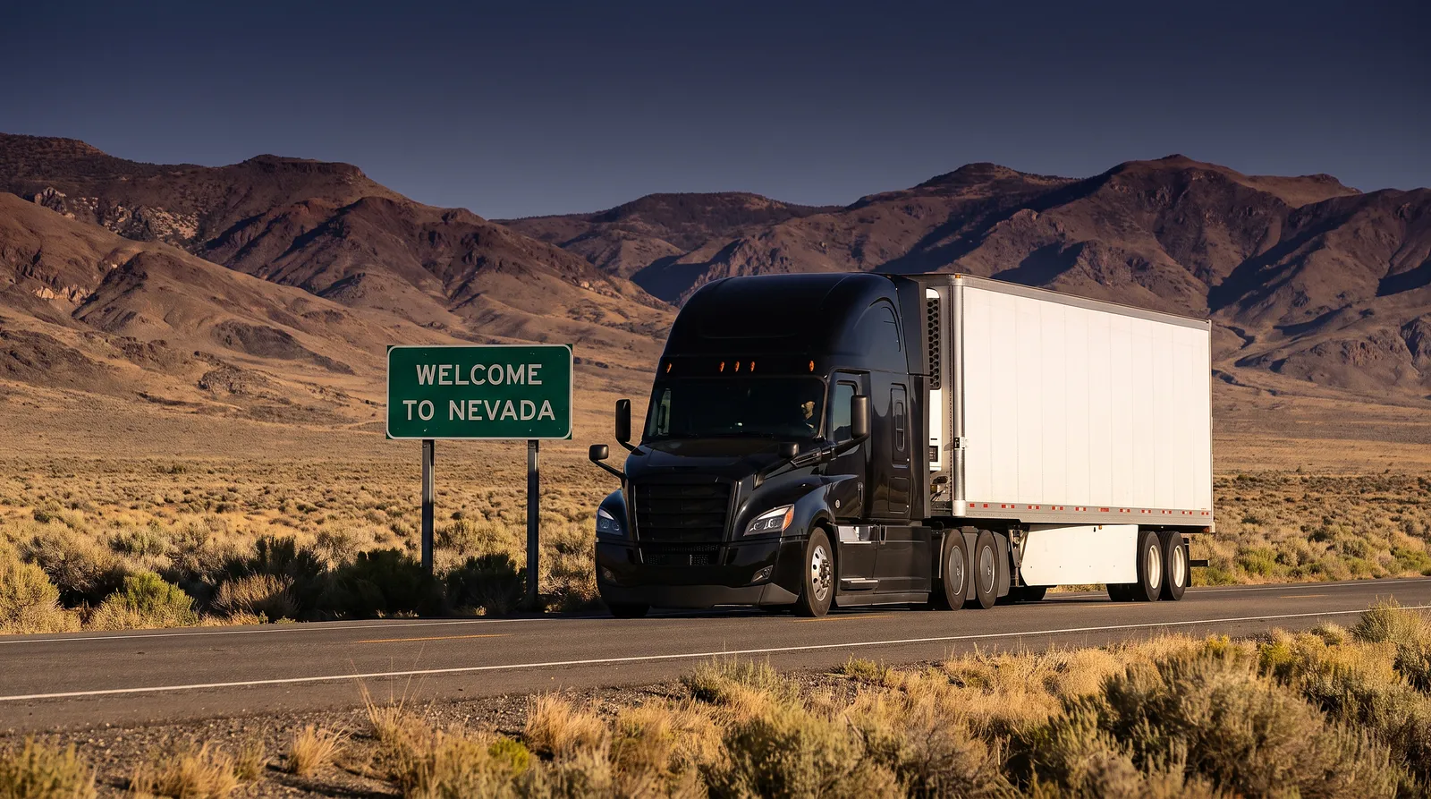 Semi truck transport in Nevada Semi truck passing the Welcome to Nevada sign, semi truck transport in Nevada