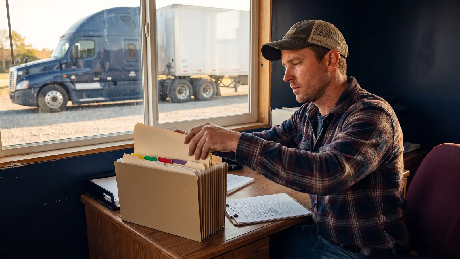 New entrant safety audit preparation Trucking company owner organizing driver and vehicle files to prepare for a new entrant safety audit