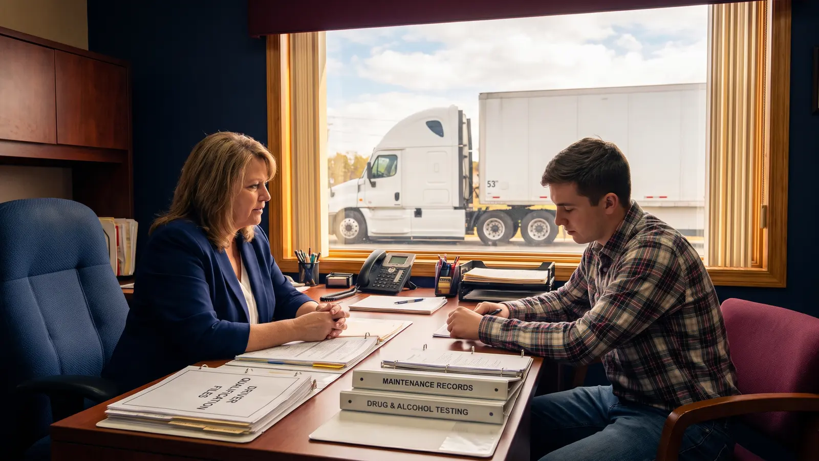 Preparing for the new entrant safety audit Compliance consultant and a new trucking company owner reviewing driver and maintenance records before a safety audit