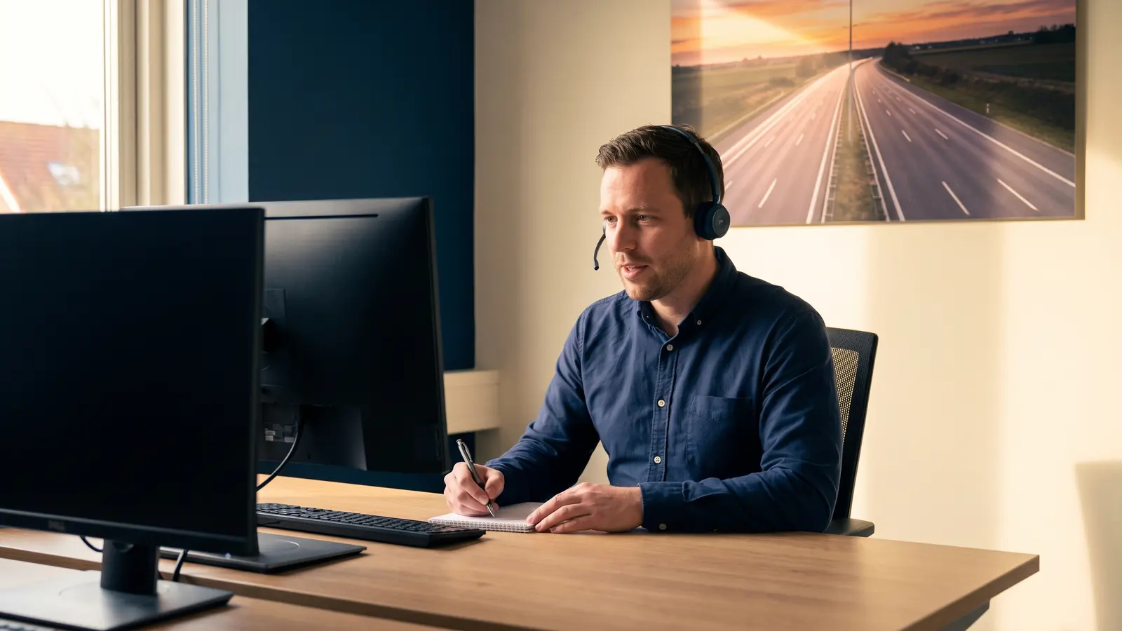 Freight broker on a headset at his desk covering a load for a shipper