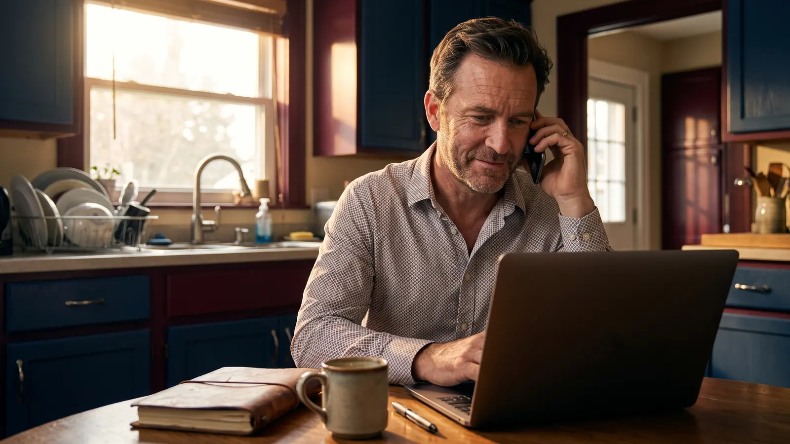New freight broker on the phone at his kitchen table early in the morning