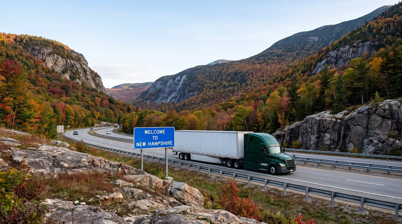 Semi truck transport in New Hampshire Semi truck passing the Welcome to New Hampshire sign, semi truck transport in New Hampshire