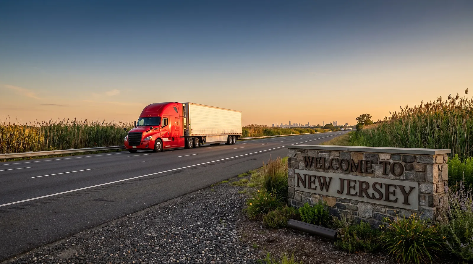 CDL-A truck driver jobs in New Jersey Semi truck with a 53-foot trailer passing the Welcome to New Jersey sign on the highway