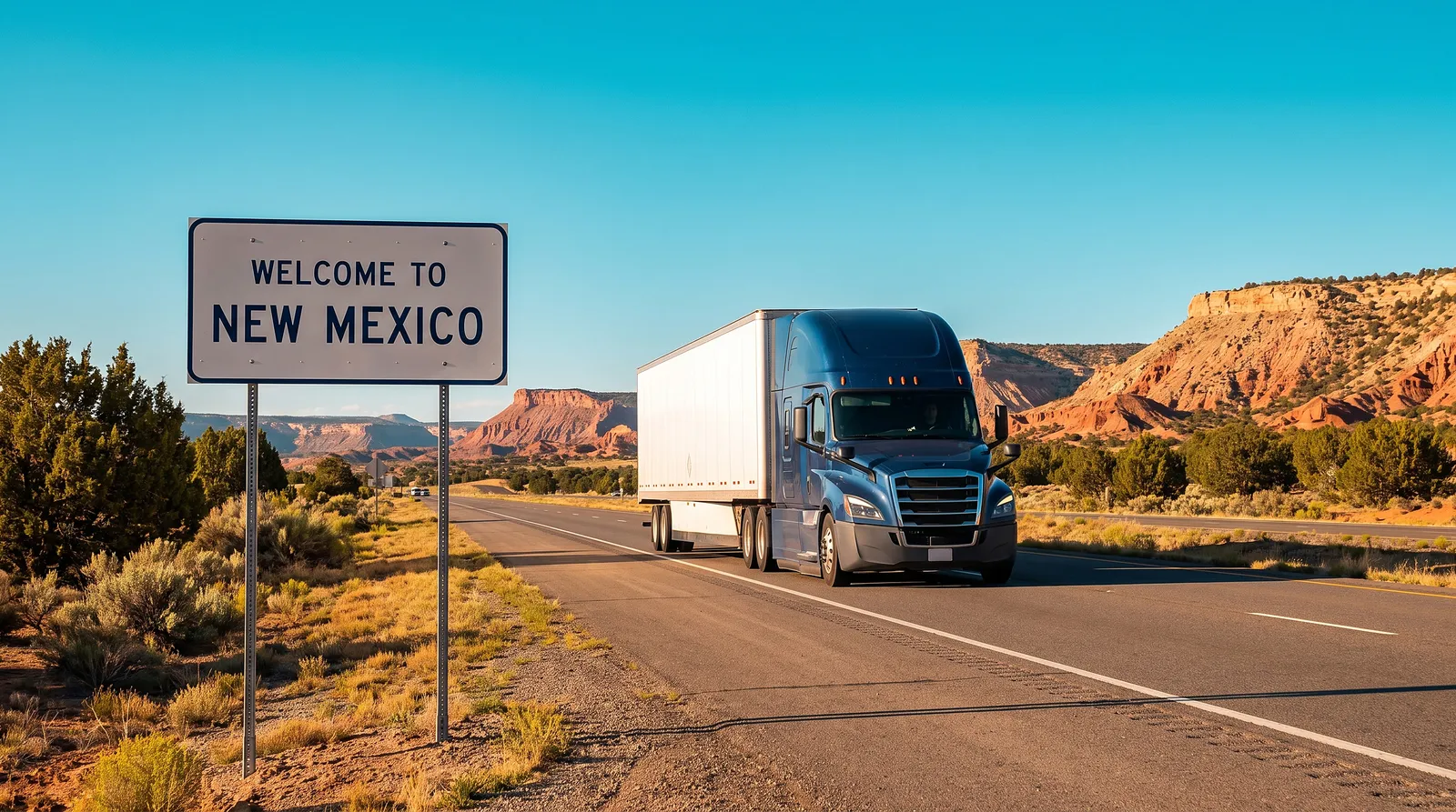 CDL-A truck driver jobs in New Mexico Semi truck with a 53-foot trailer passing the Welcome to New Mexico sign on the highway