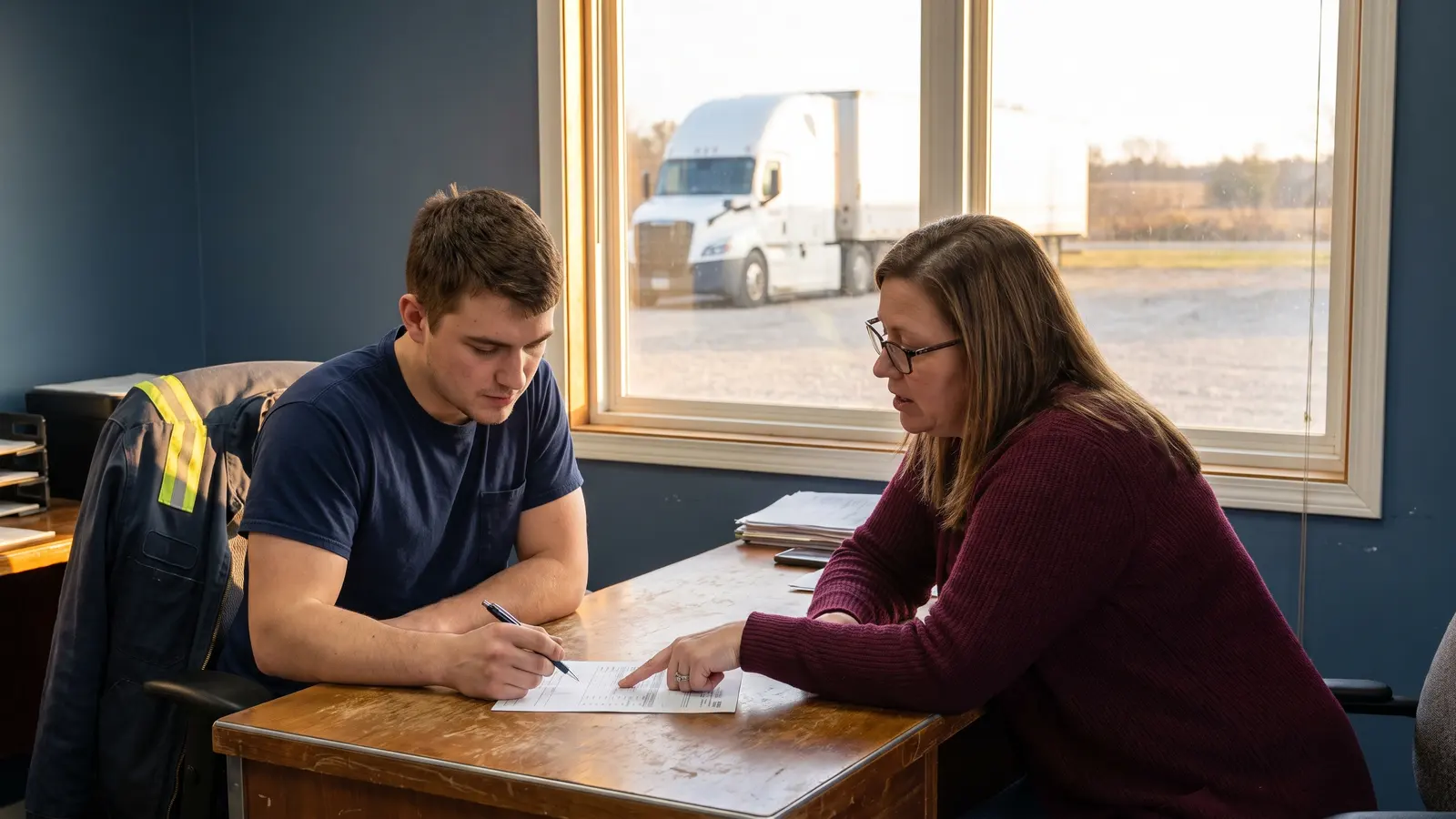 How to onboard a new truck driver New truck driver filling out a DOT employment application with a carrier safety manager