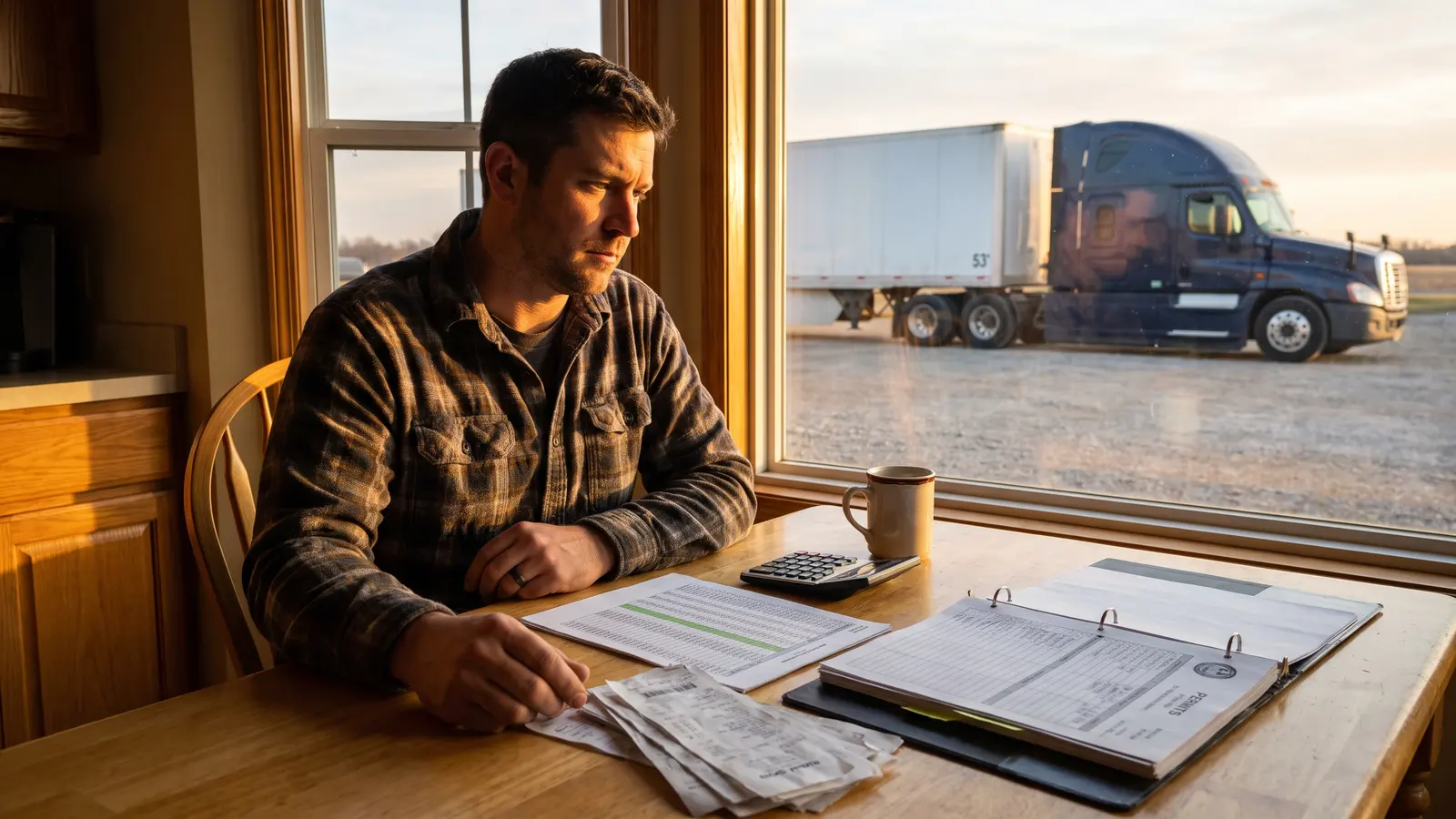 Owner of a new trucking company working out his startup budget at a table with his semi truck parked outside