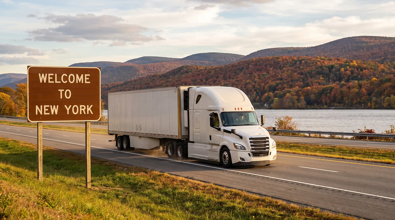 Semi truck transport in New York Semi truck passing the Welcome to New York sign, semi truck transport in New York