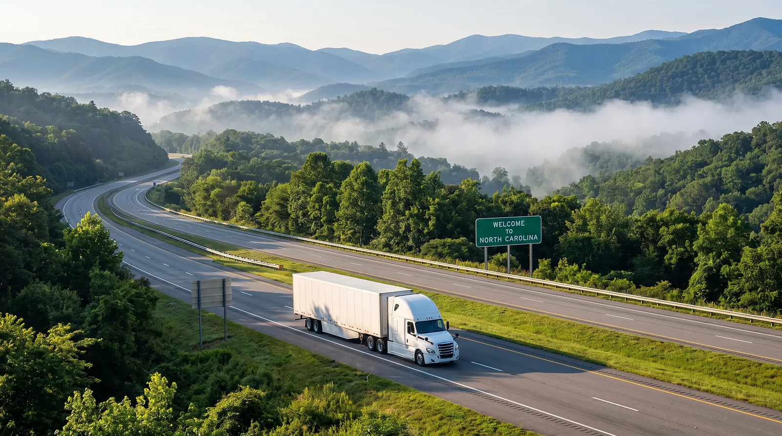 CDL-A truck driver jobs in North Carolina Semi truck with a 53-foot trailer passing the Welcome to North Carolina sign on the highway