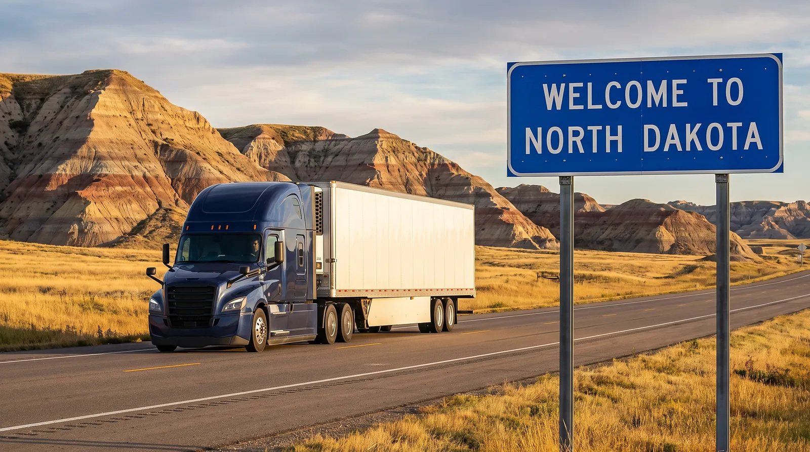 CDL-A truck driver jobs in North Dakota Semi truck with a 53-foot trailer passing the Welcome to North Dakota sign on the highway