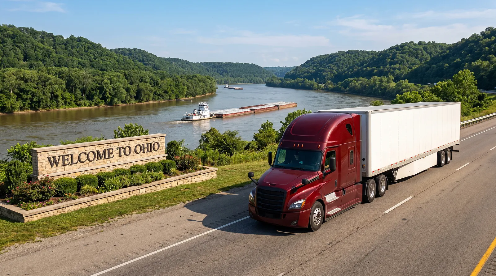 Semi truck transport in Ohio Semi truck passing the Welcome to Ohio sign, semi truck transport in Ohio