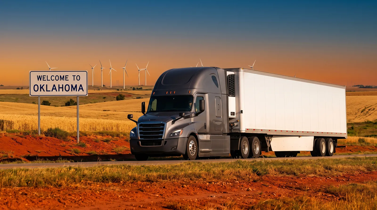 Semi truck with a 53-foot trailer passing the Welcome to Oklahoma sign on the highway