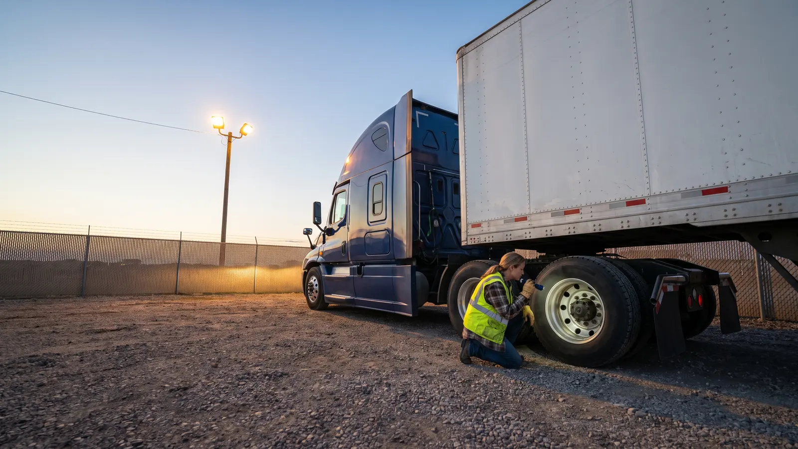 Owner-operator doing a pre-trip inspection on her one truck and 53-foot dry van at dawn