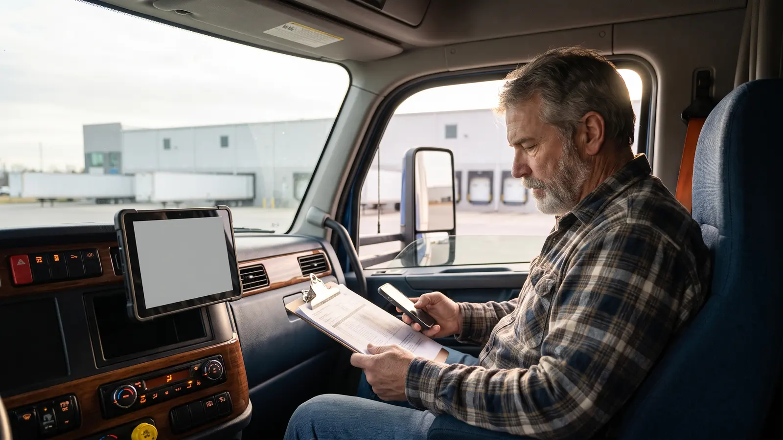 Owner-operator reviewing a rate confirmation and bill of lading in the cab of his truck