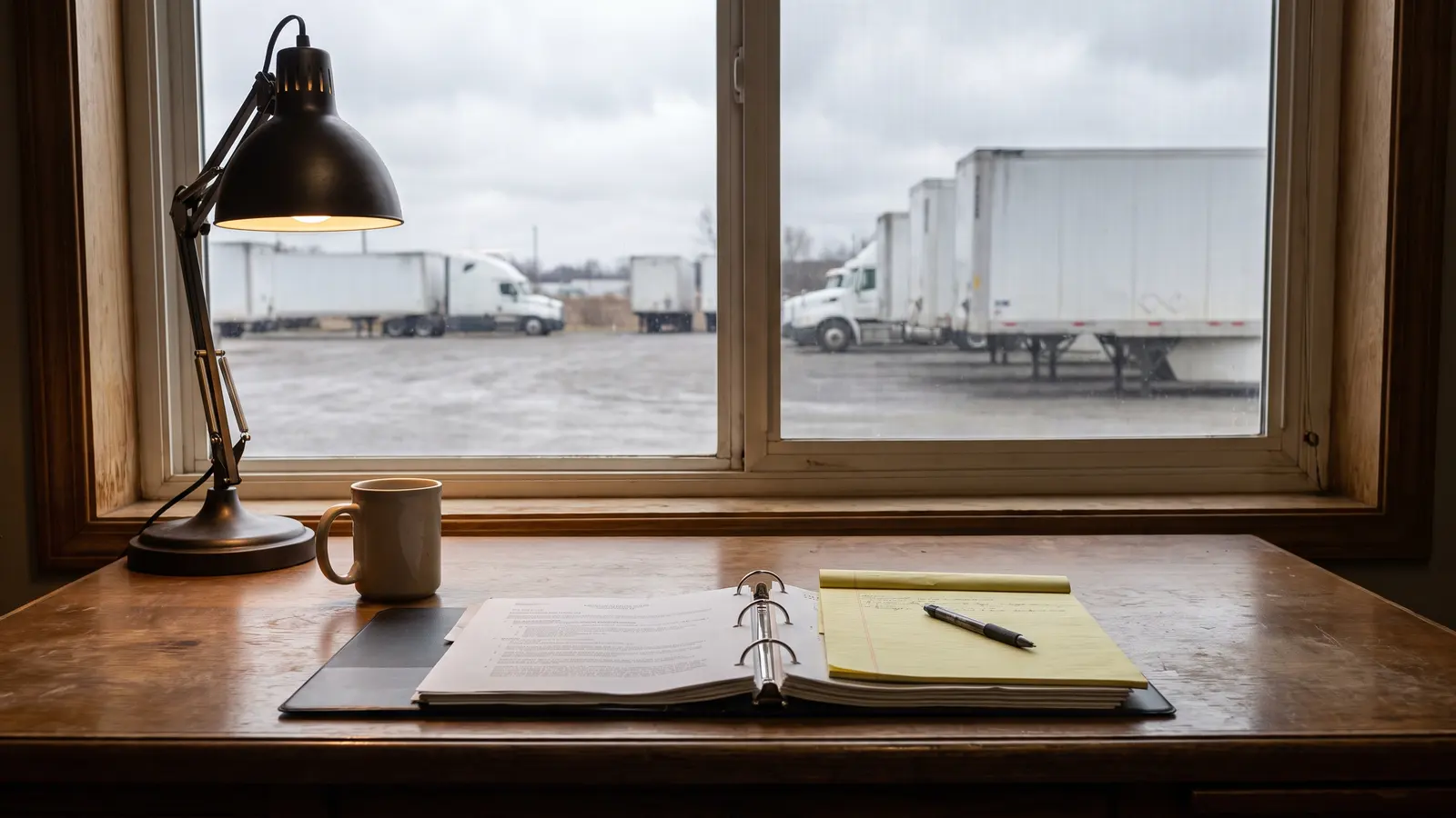 Disclaimer Open reference binder and a yellow legal pad with a pen on an office desk under a lamp