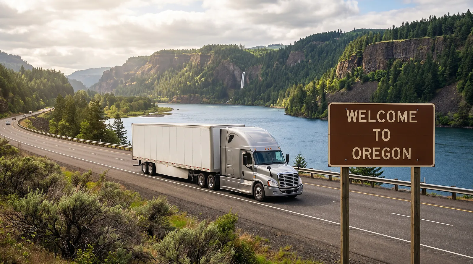 CDL-A truck driver jobs in Oregon Semi truck with a 53-foot trailer passing the Welcome to Oregon sign on the highway