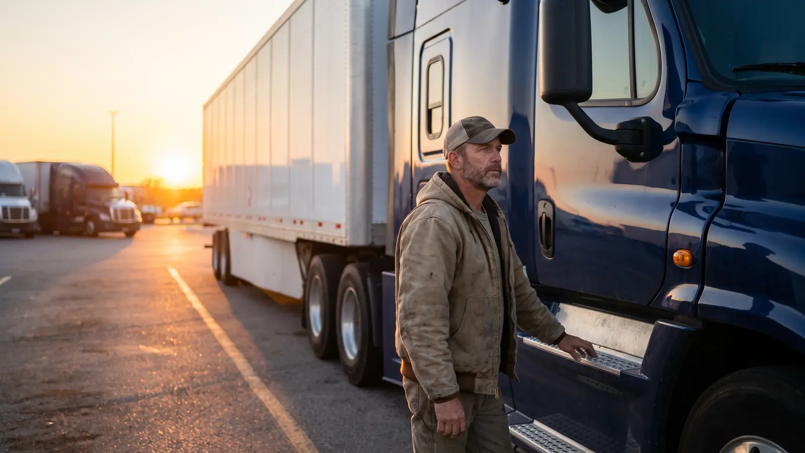 Owner-operator standing beside his semi tractor and 53-foot dry van at a truck stop at sunset