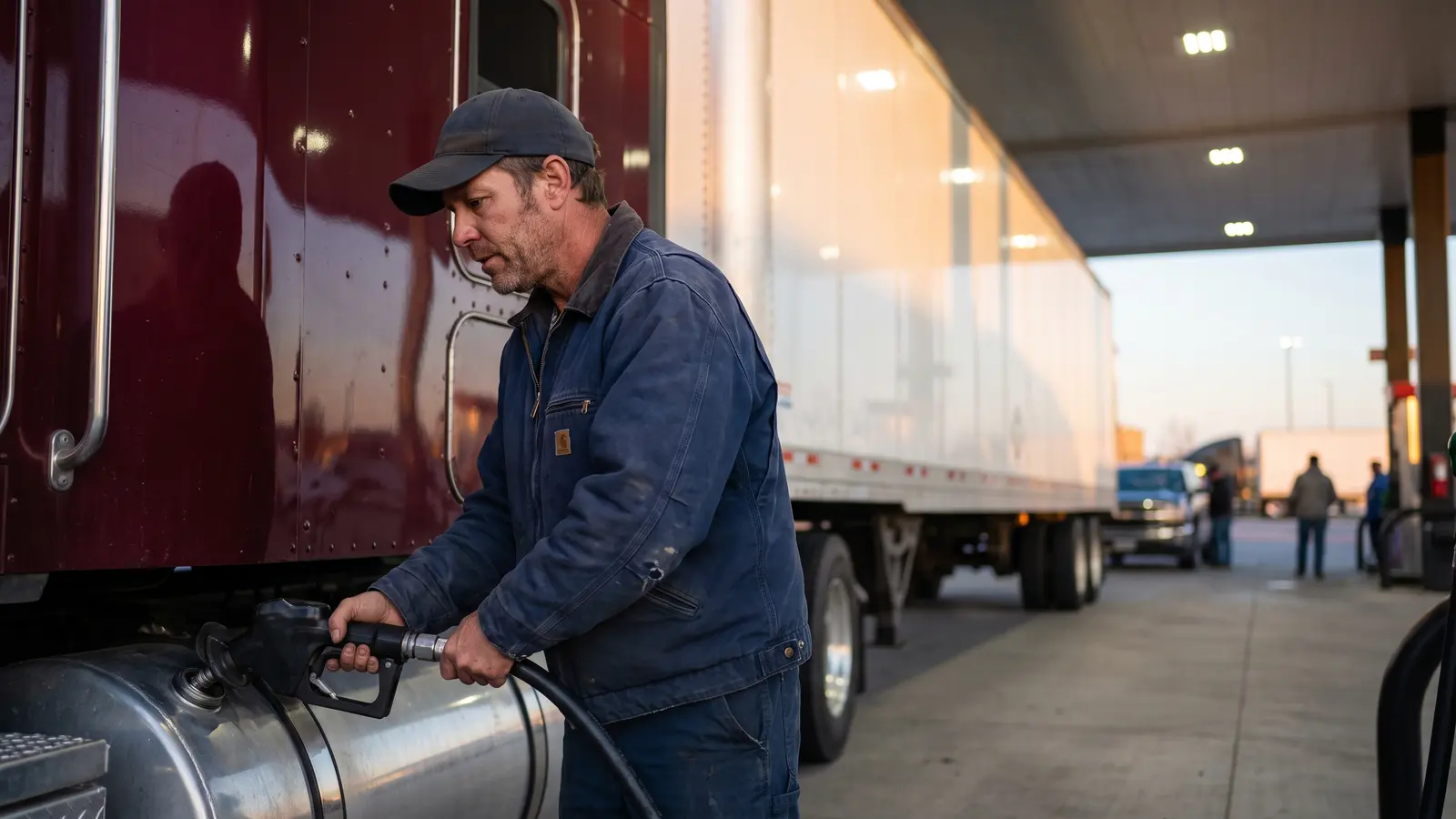 Fuel, the largest weekly cost for a new trucking company Owner-operator fueling his semi truck and 53-foot dry van at a truck stop diesel pump