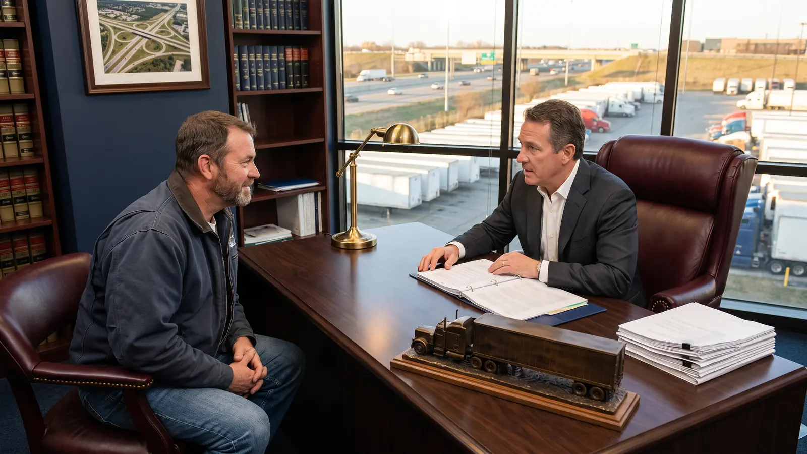 Carrier-first transportation attorney Owner-operator meeting a transportation attorney in a law office overlooking a truck yard