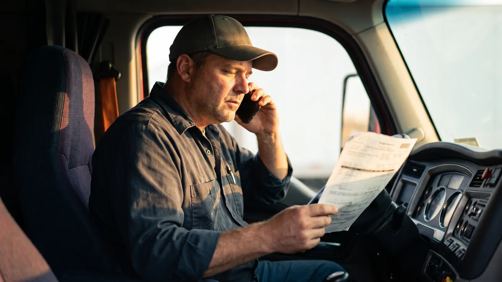 Legal help for owner-operators and small carriers Owner-operator in his truck cab on the phone holding an unpaid freight invoice