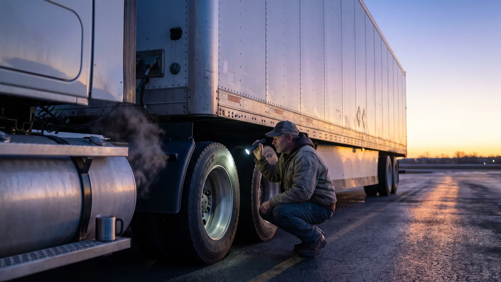 Owner-operator opportunities with LFS Owner-operator doing a pre-trip inspection of his tractor-trailer at dawn