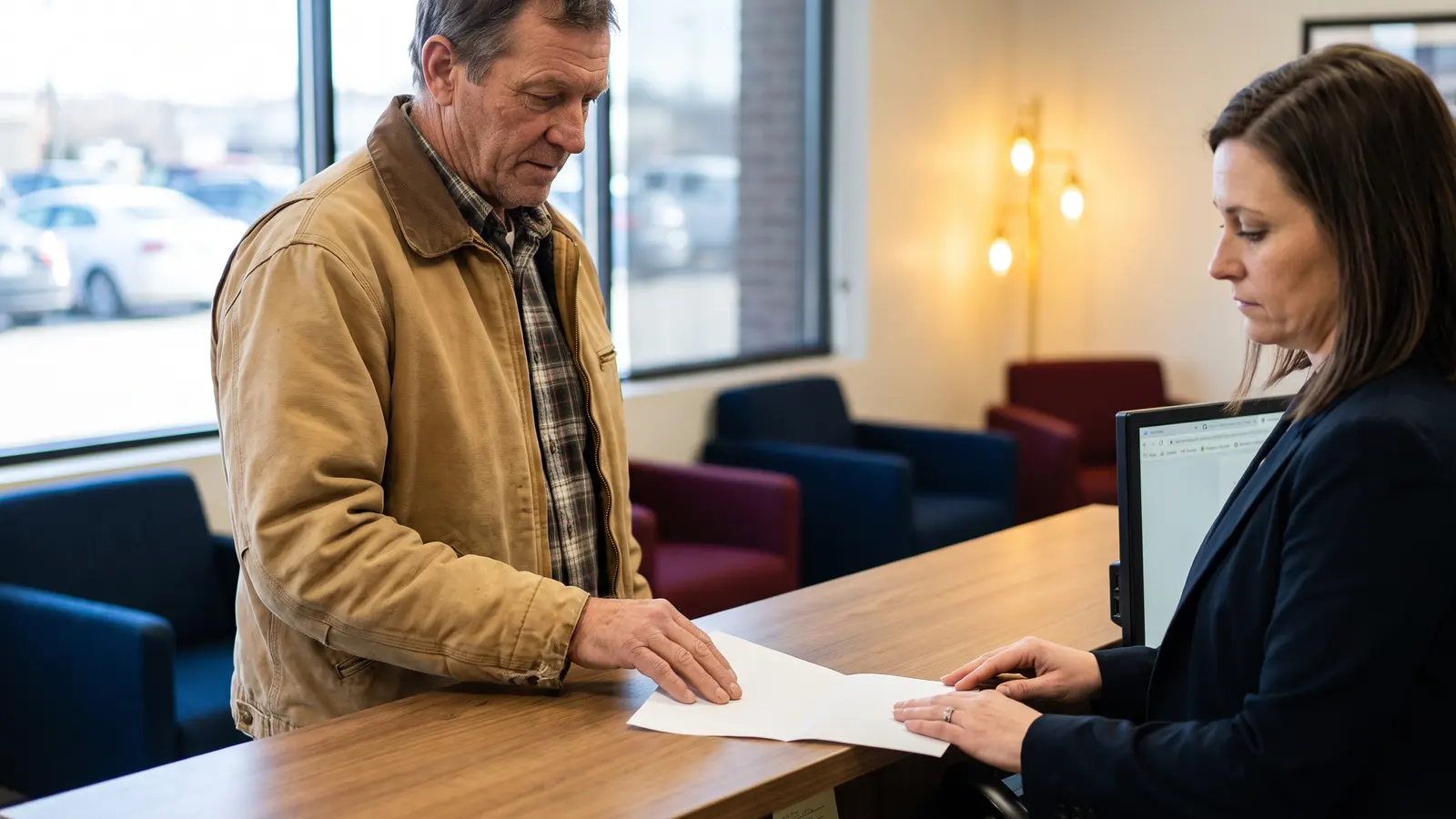 Owner-operator handing a written records request across the counter at a freight broker's office