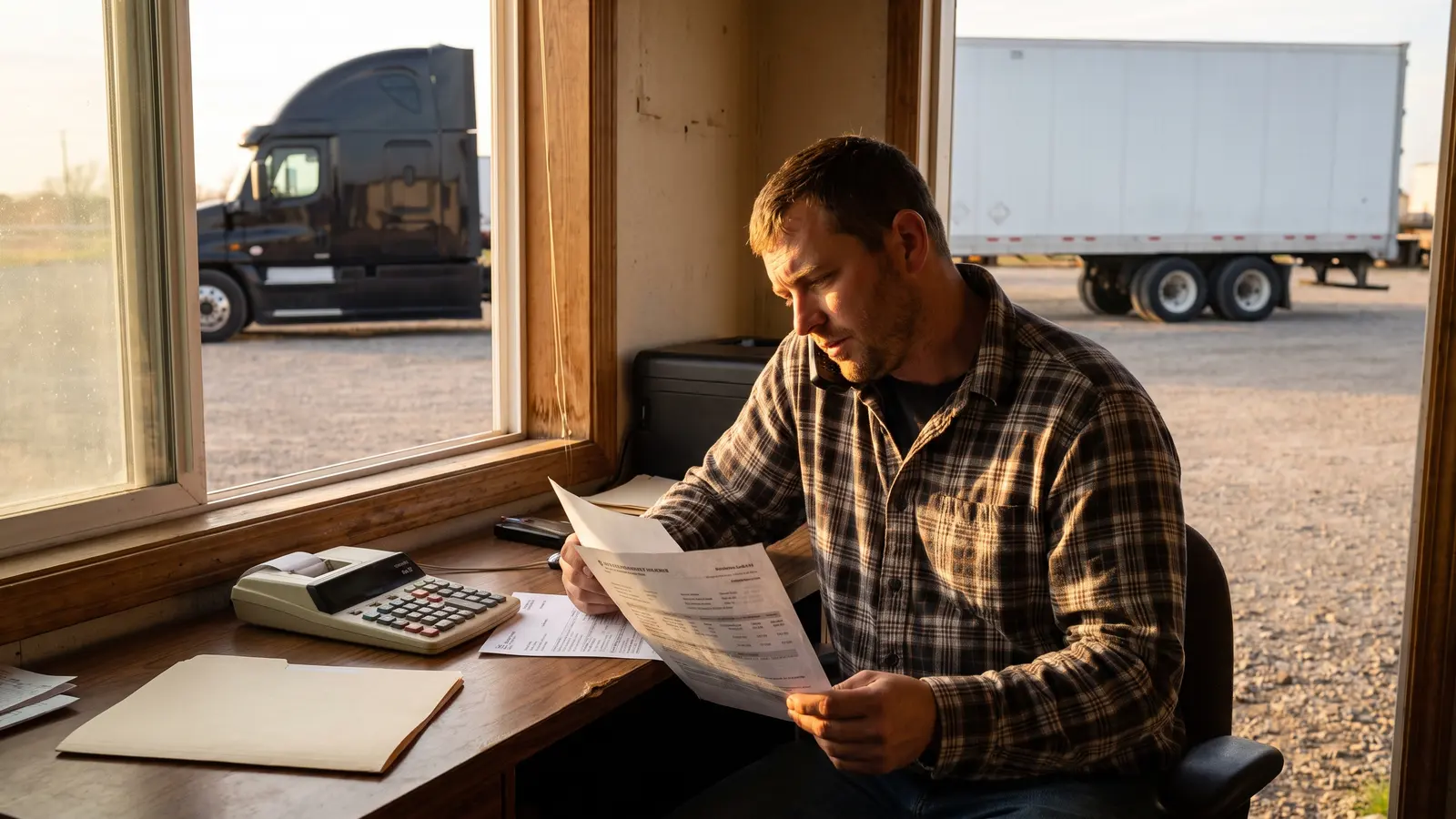 Owner-operator insurance cost per month Owner-operator comparing commercial truck insurance quotes at his desk
